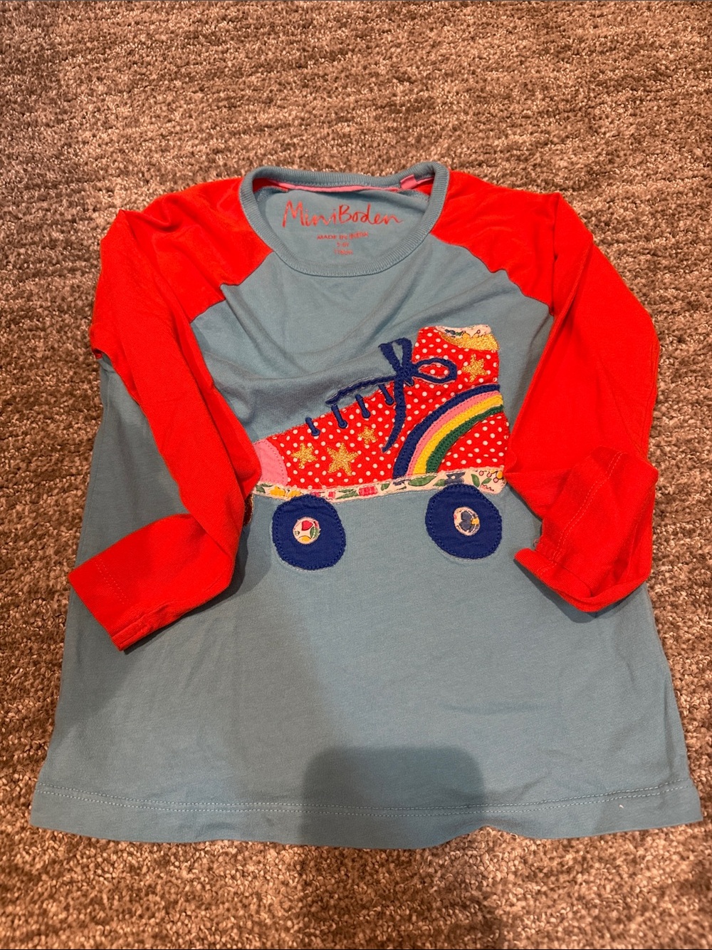 Mini Boden Light Blue Tee with Red Raglan Sleeves and Roller Skate Applique